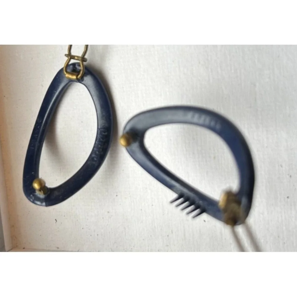Vintage France Navy Oval Hair Clips Matching Pair 1970s Mod Open Barrette Set